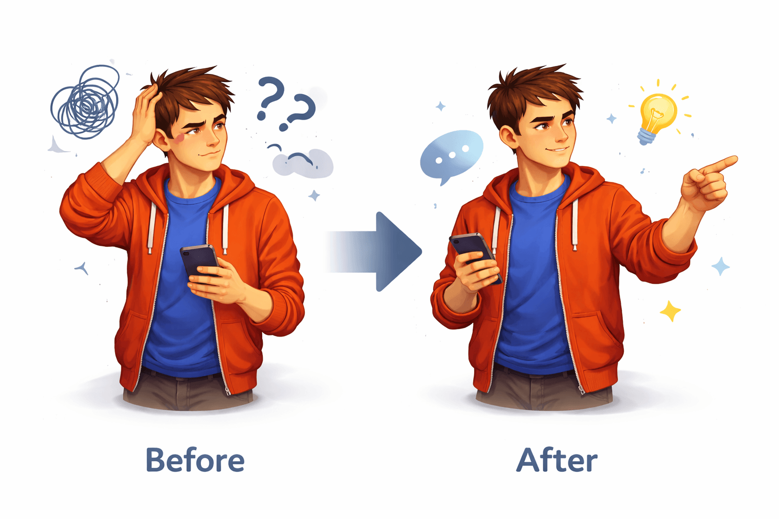 Before and after illustration: a young man confused and overthinking with his phone, then confident and clear with speech bubble and lightbulb, separated by an arrow labeled Before and After