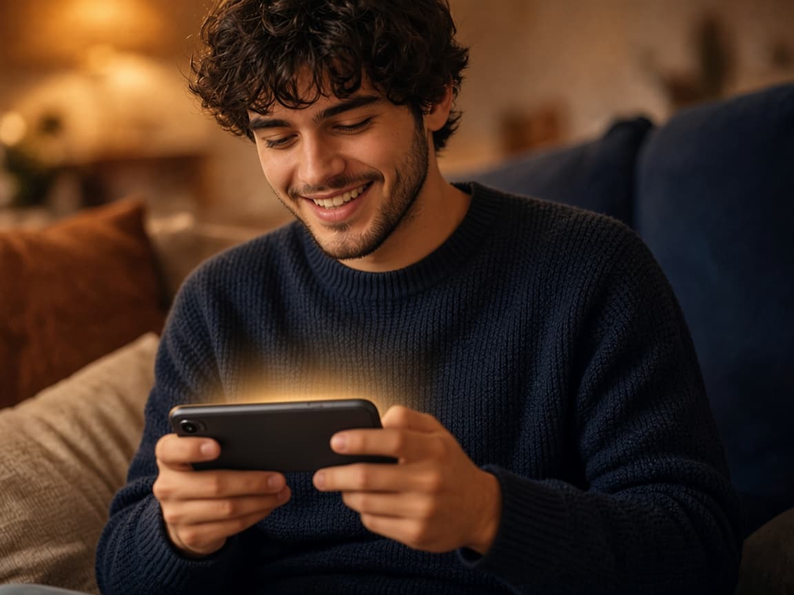A young man on a sofa, smiling down at a phone whose screen faces him