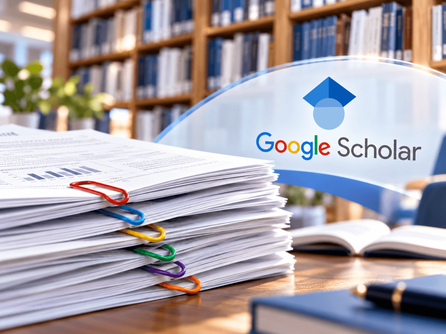 A stack of marked research papers on a desk, bookshelves behind
