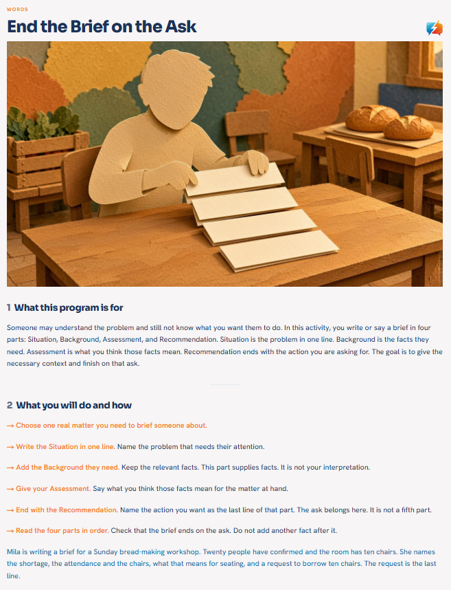 End the Brief on the Ask, with its picture and instructions