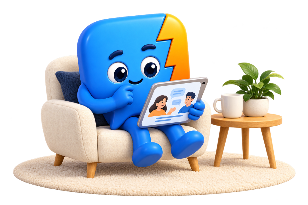 Sparky sits in an armchair and reads a story on a tablet