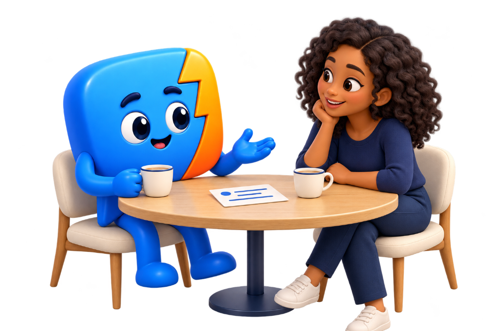 Sparky sits across a table from a woman, talking over coffee