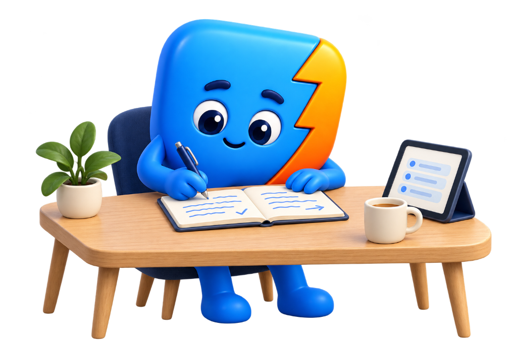 Sparky writes in an open journal at a desk