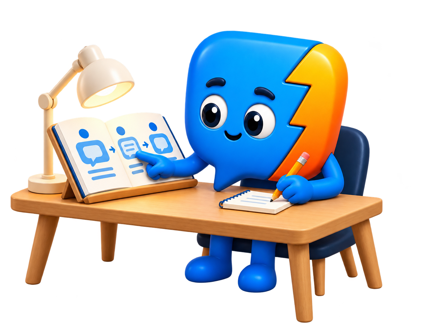 Sparky points at an open guidebook and writes in a notebook at a desk